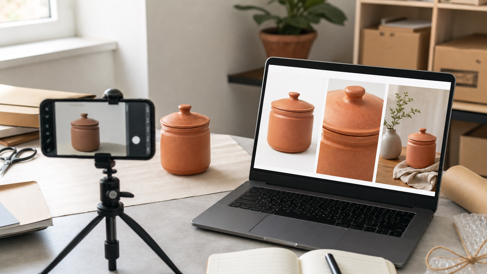Phone photo, clean catalogue image and AI lifestyle image of the same product in a product-truth workflow