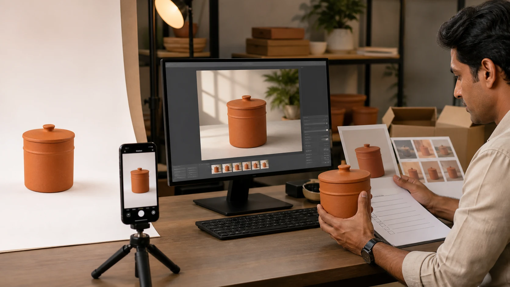 Phone capture, AI-assisted edit, product-truth check and approved exports for the same fictional product