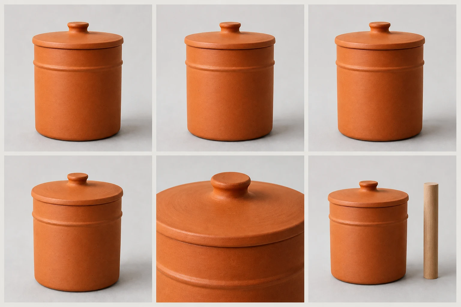 Front, side, back, detail and scale references for one fictional product SKU