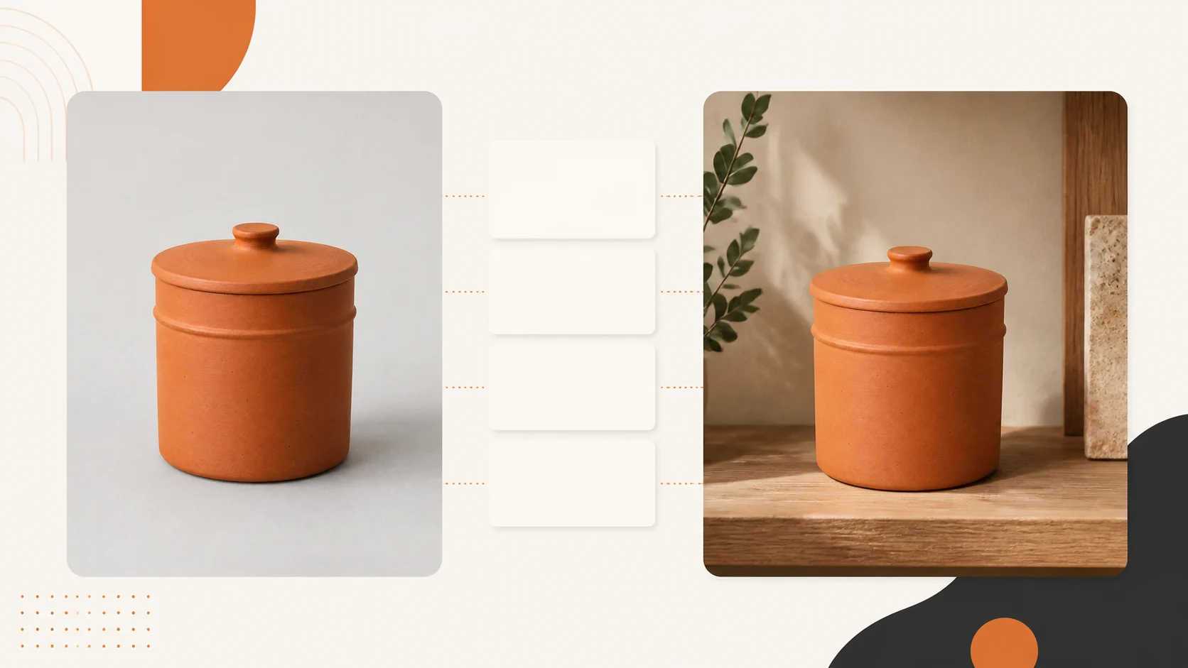 Fictional terracotta jar shown as a neutral source reference and in a warm contextual scene, separated by four prompt-layer cards