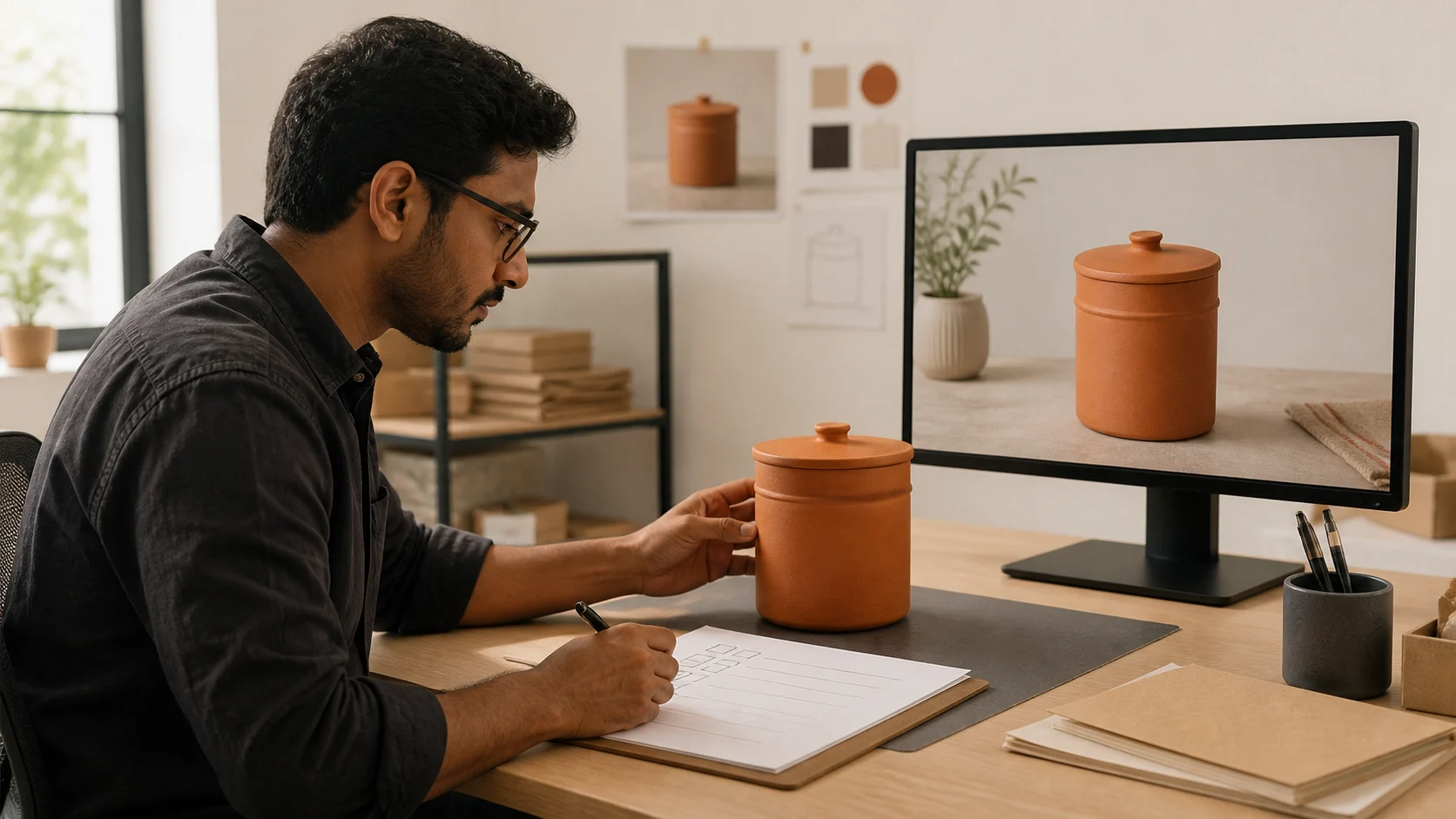 Human reviewer comparing a fictional terracotta reference product with an AI-assisted contextual image using a blank accuracy checklist