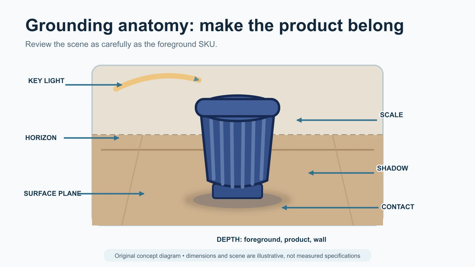 Grounding checks for contact, perspective, light, shadow, scale and depth in a product composite