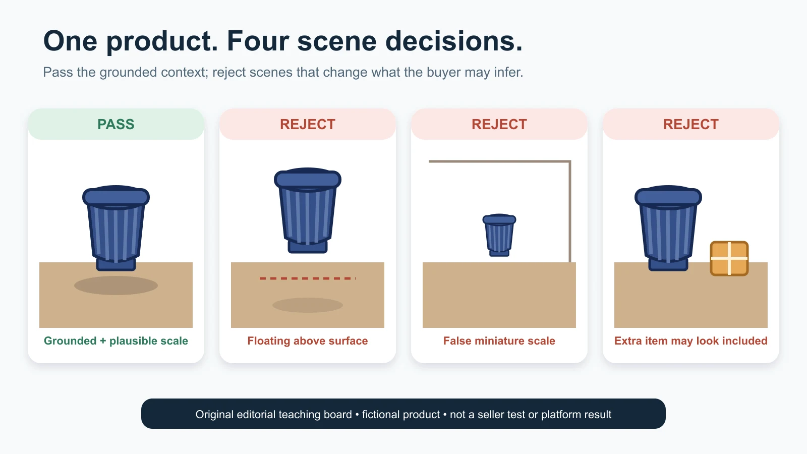 One fictional product in a grounded scene beside floating, false-scale and extra-accessory rejection examples
