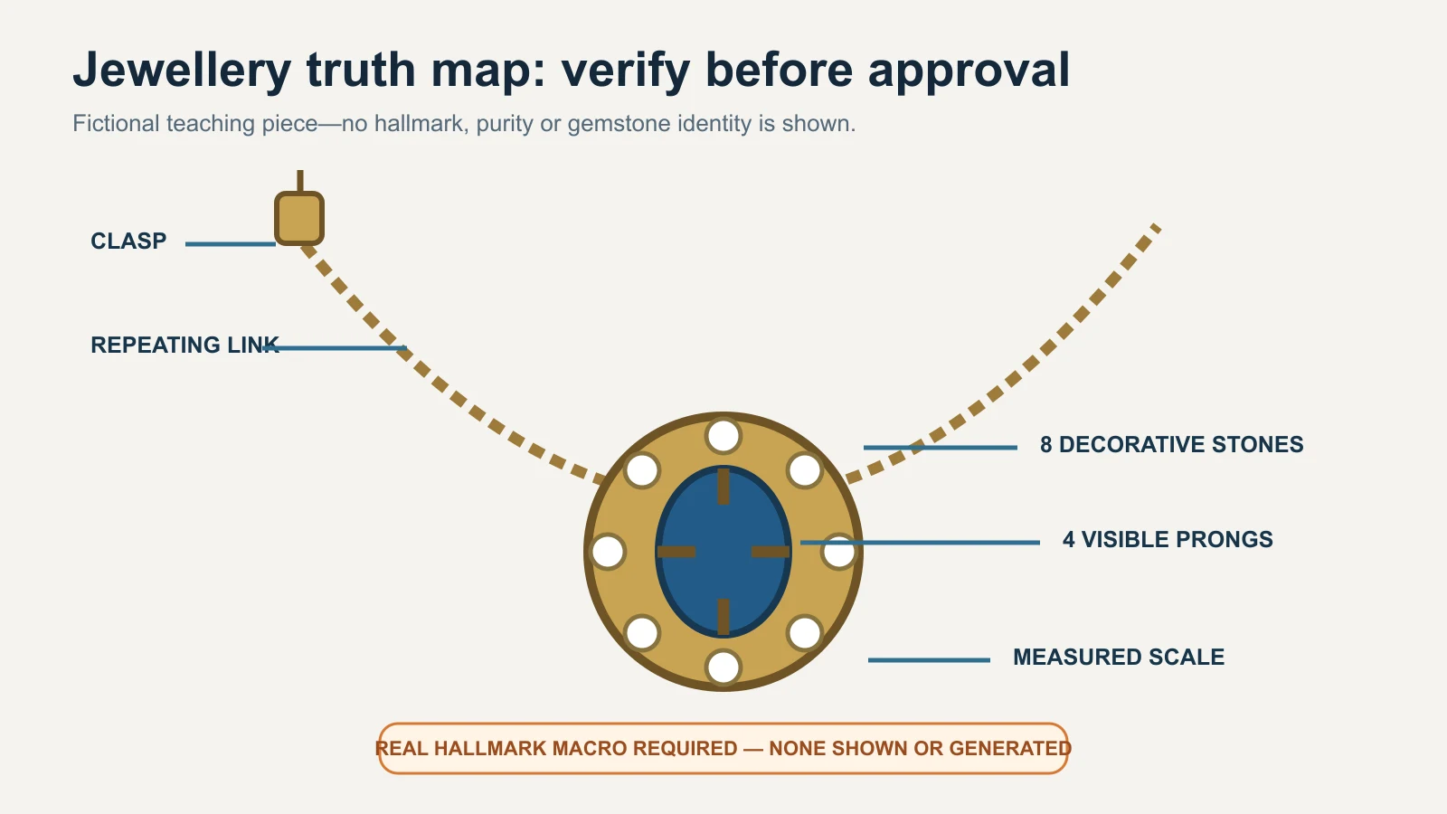 Jewellery truth map marking clasp, repeating links, stone count, visible prongs, measured scale and the need for a real hallmark macro