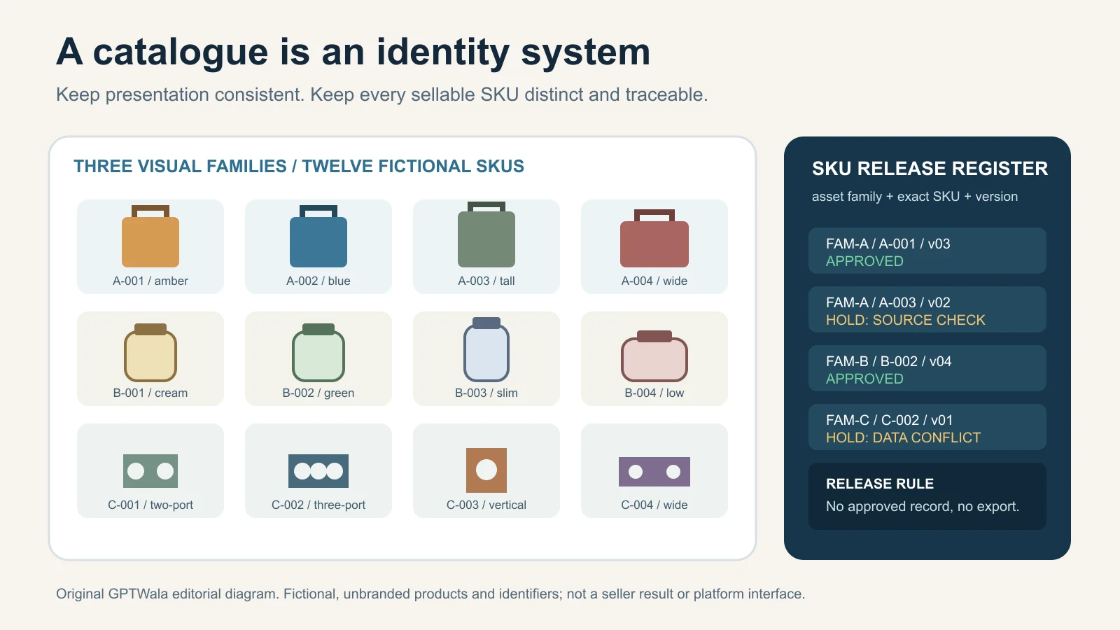 Manufacturer catalogue grid showing distinct product variants linked to SKU records and approval status