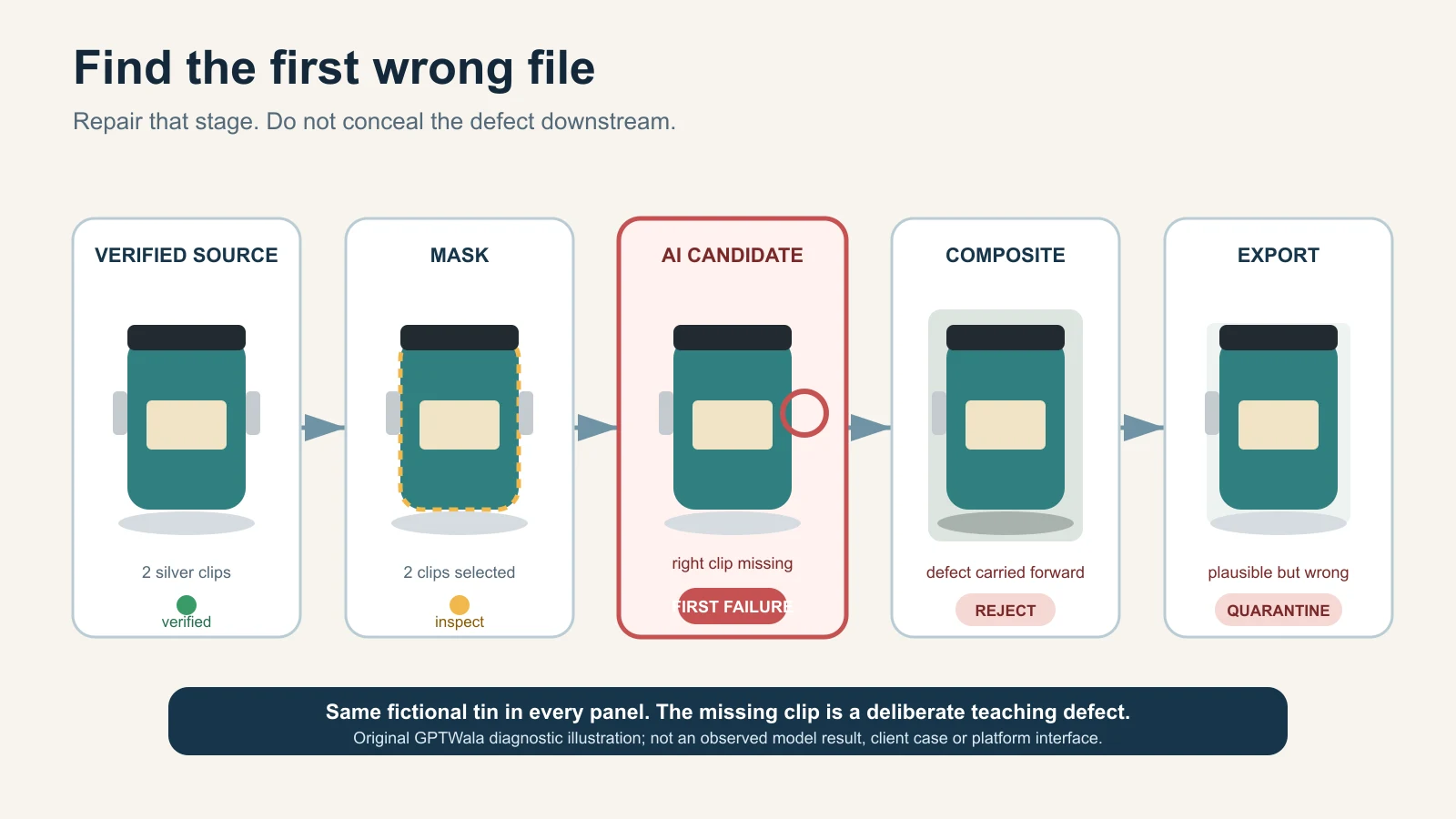 Reviewer tracing an AI product-image defect from the source photo to the final export