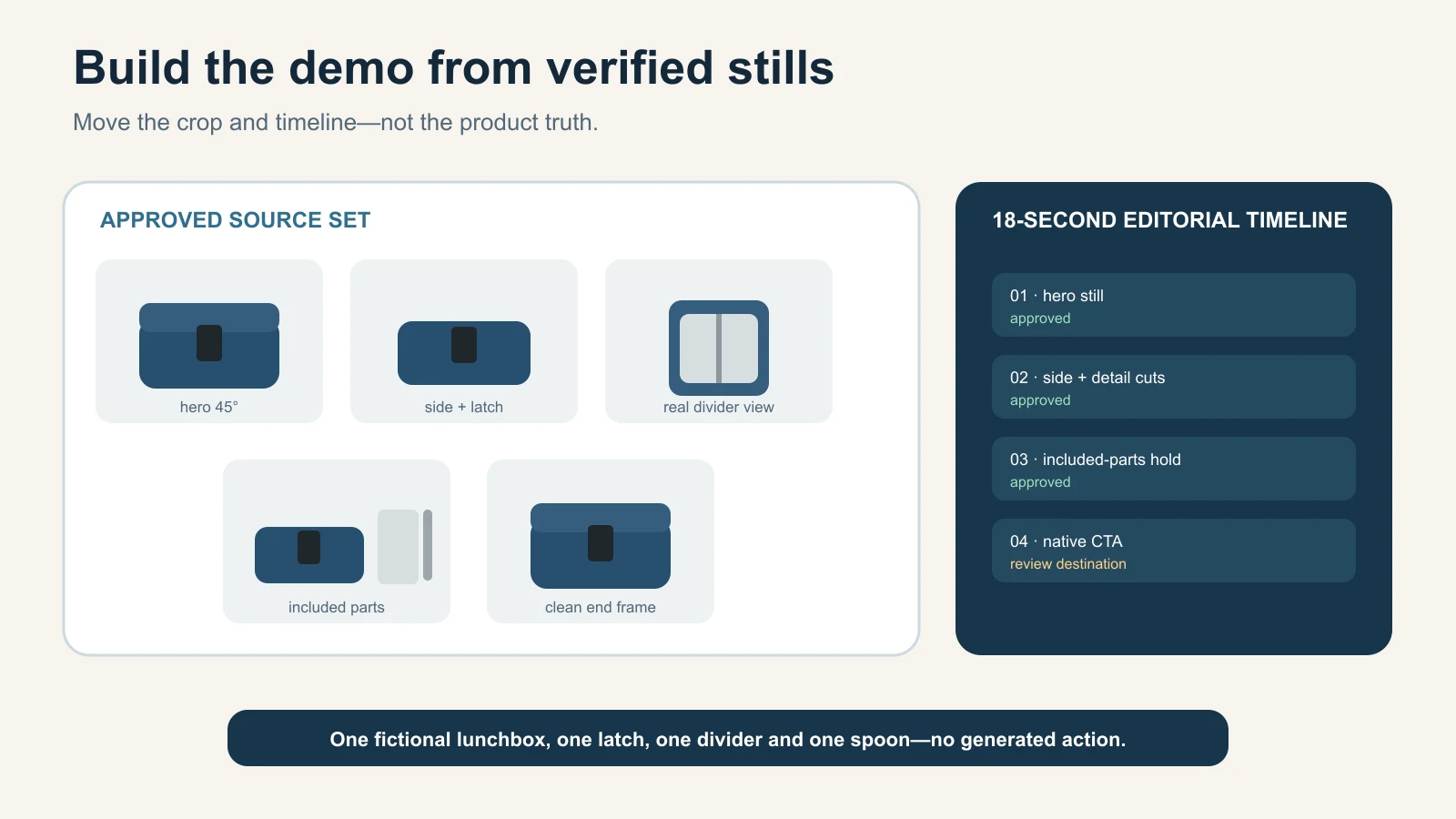 Verified product stills arranged into a short demo timeline while the physical product remains unchanged