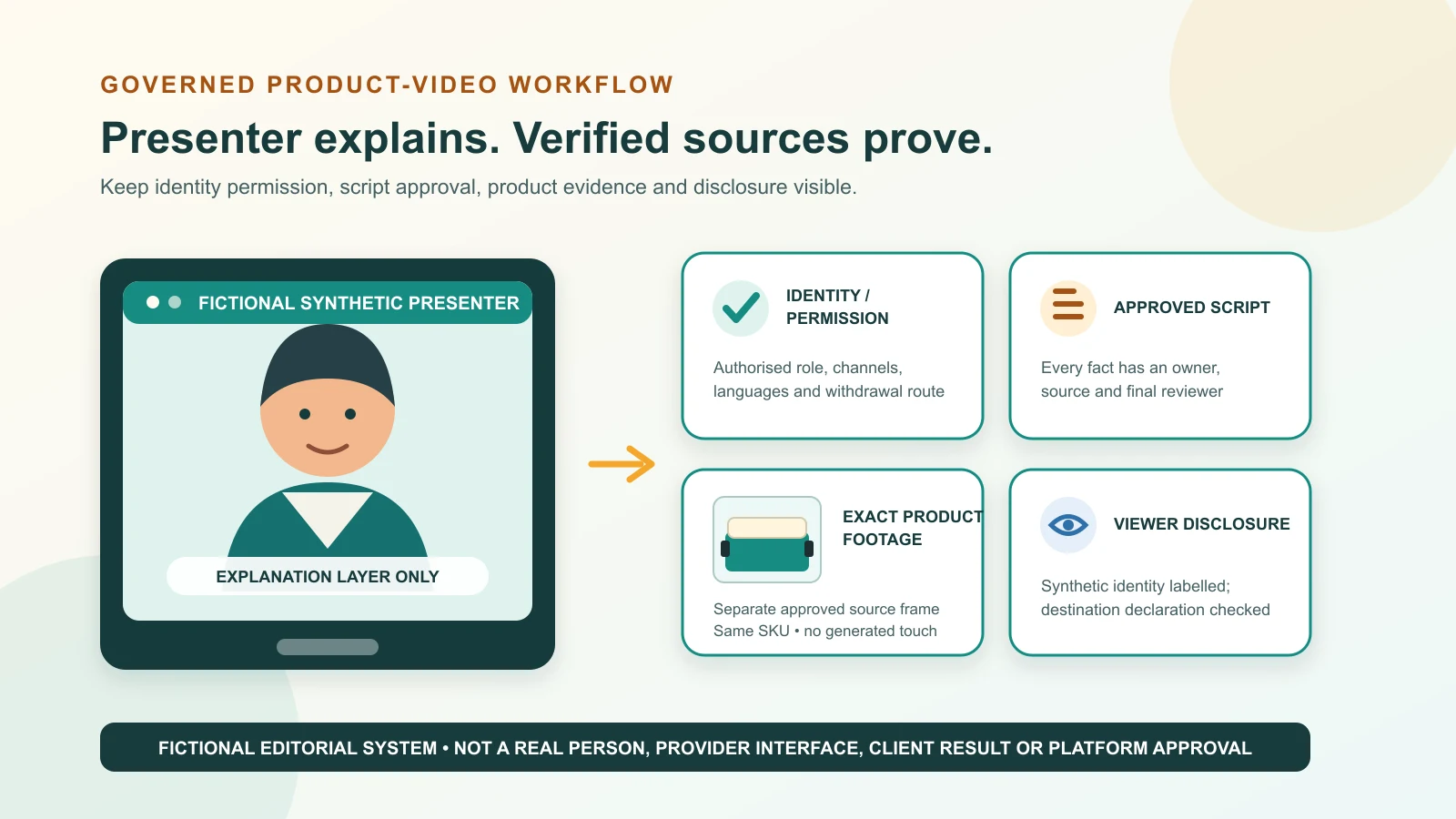 A governed AI spokesperson video workflow separating authorised identity, verified script, exact product footage and disclosure