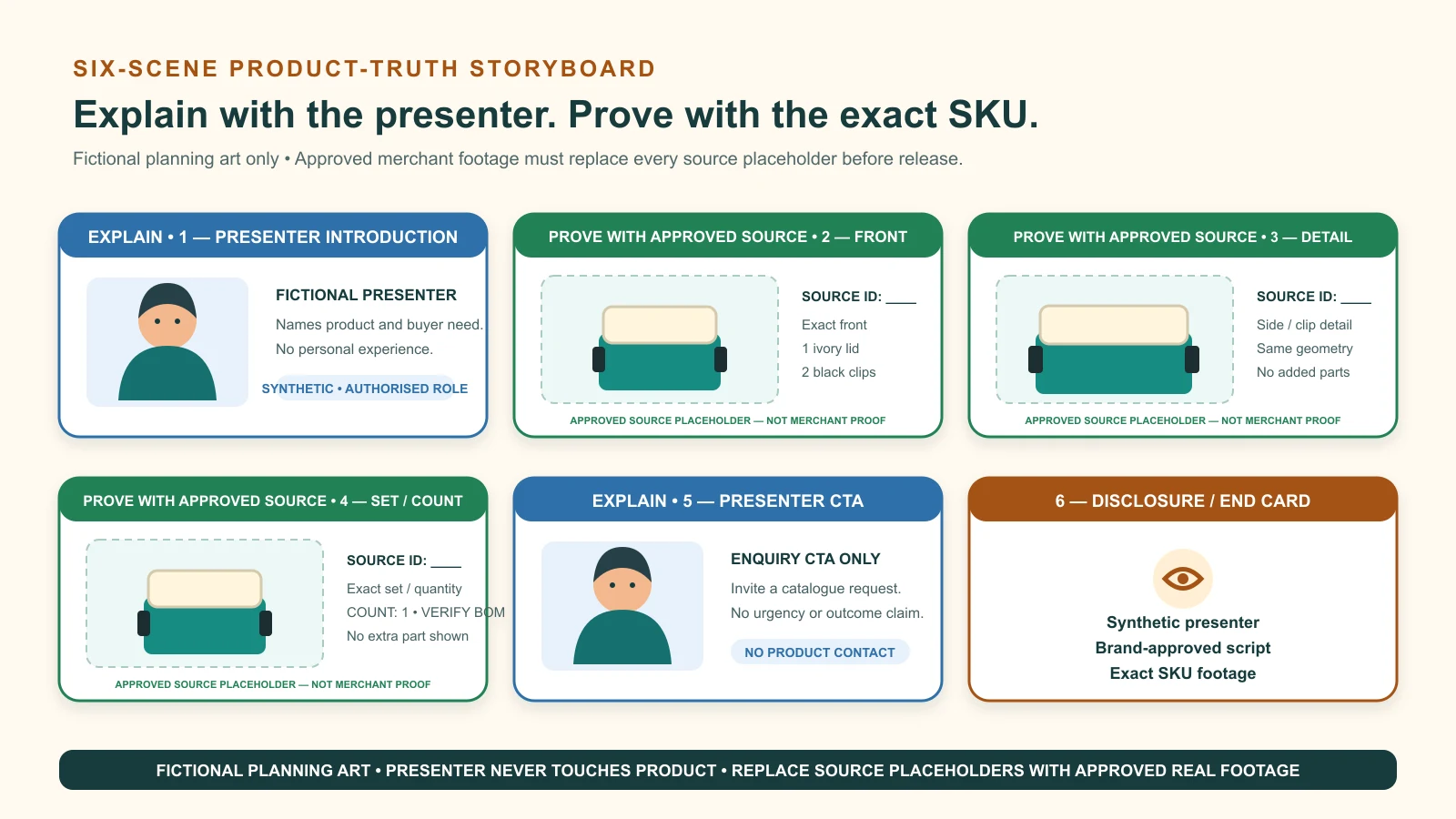 A six-scene AI spokesperson storyboard where presenter scenes are separated from exact-product proof scenes