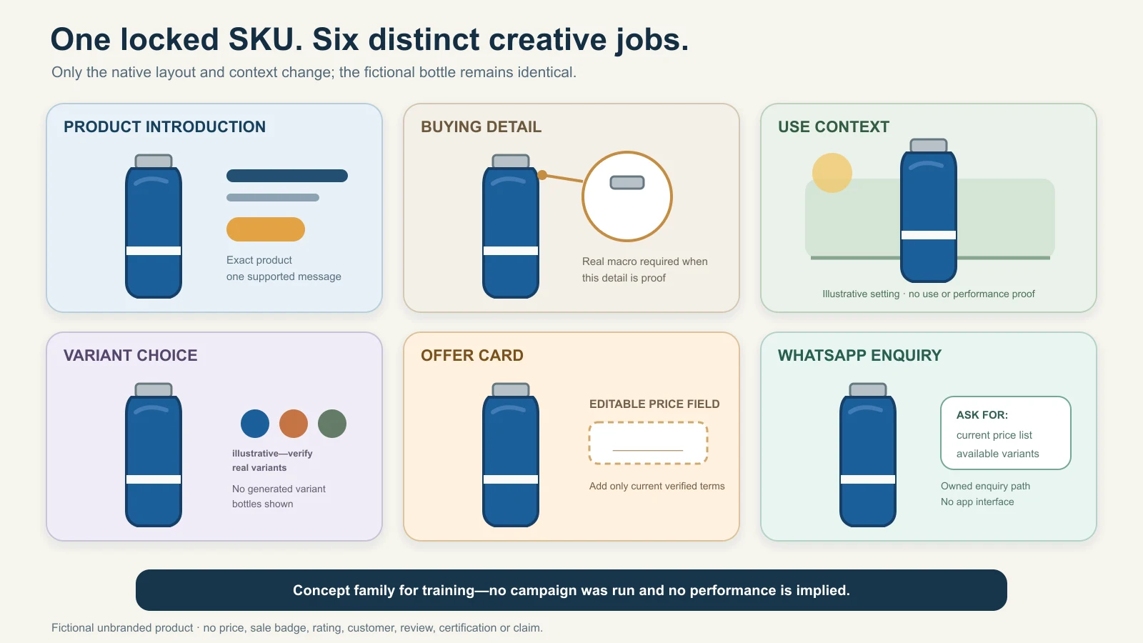 Six distinct ad creative jobs built from the same verified fictional product