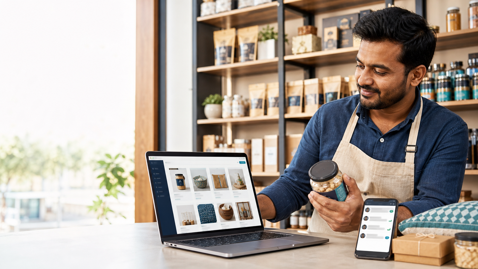 Indian product-business owner checking a packaged product against its online catalogue listing